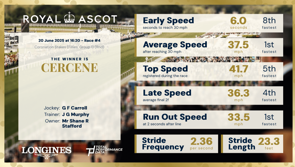 Ascot Infographic showing the data for Cercene, who won the Coronation Stakes 2025