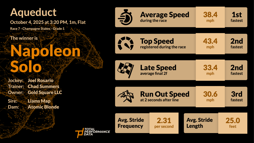 Data for Napoleon Solo, the winner of the G1 Champagne Stakes at Aqueduct