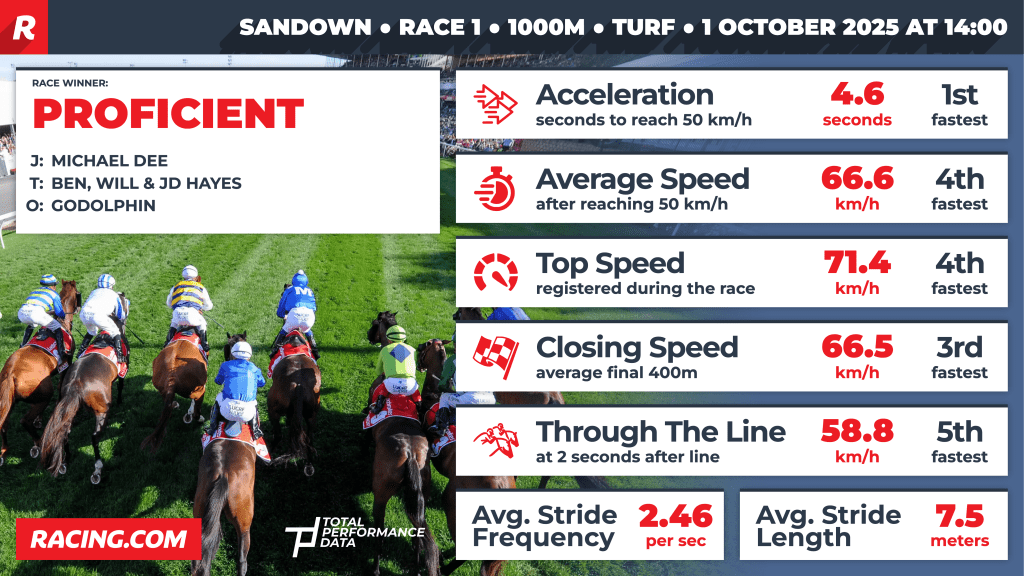 Data for Proficient, winner on Race 1 at Sandown on Wednesday
