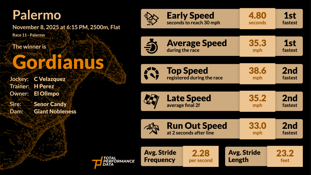 Data for Gordianus, the winner of the Gran Premio Nacional 2025 at Palermo