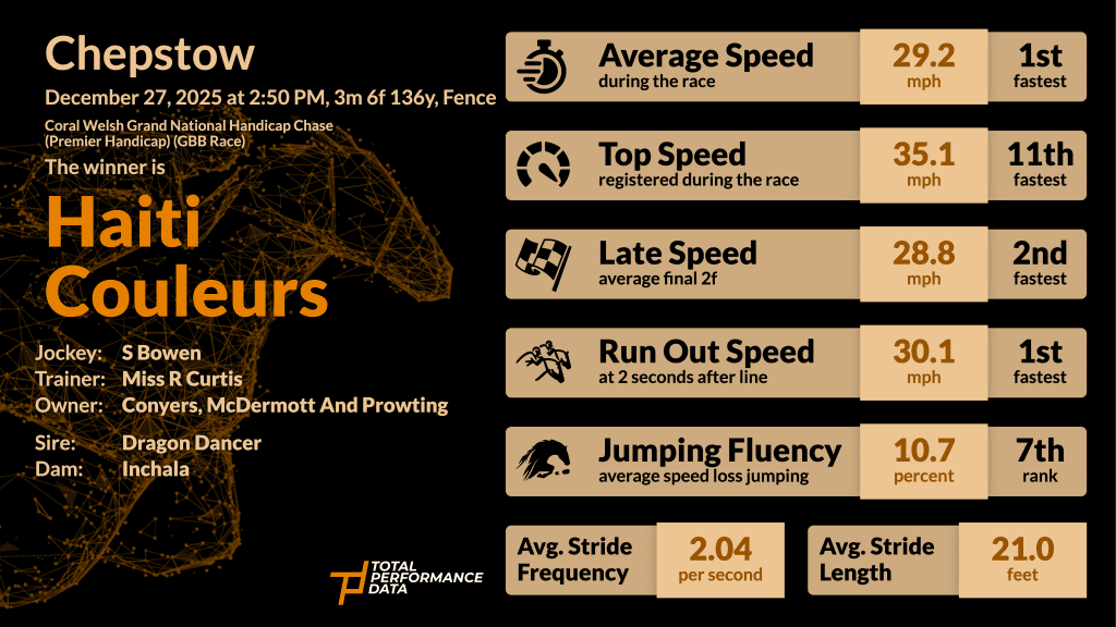 Data Infographic for Haiti Couleurs, the winner of the Welsh Grand National 2025