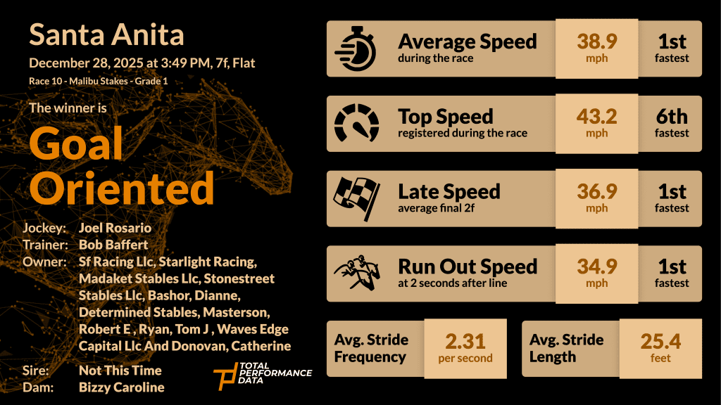 Data Infographic for Goal Oriented, the winner of the Malibu Stakes 2025