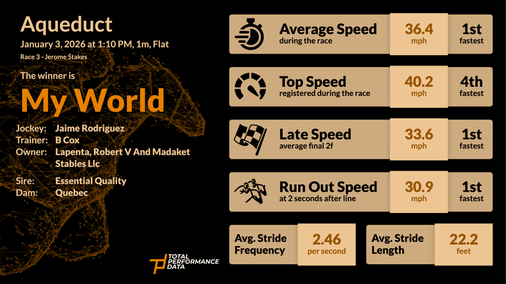 Data Infographic for My World, the winner of the Jerome Stakes 2026