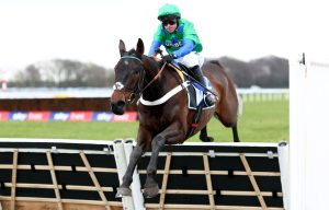 Old Park Star jumping the last hurdle at Haydock in the SkyBet Supreme Trial Rossington Main